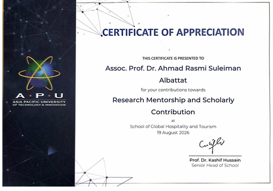 BattatDr's tweet photo. Glad to receive the certificate of appreciation for the "Research Mentorship and Scholarly Contribution"

Looking forward
Asia Pacific University of Technology and Innovation (APU / APIIT) 
@School of Global Hospitality and Tourism 
@Kashif Hussain https://t.co/FTTEgDzdGg