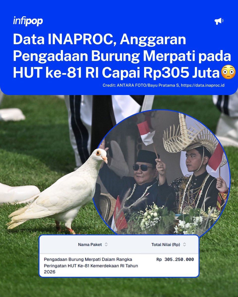 txtdrimedia's tweet photo. kalian harus tau kalau anggaran burung merpati pas perayaan HUT RI 81 kemarin tembus Rp 305 jt 😭 https://t.co/YSatUoN6As