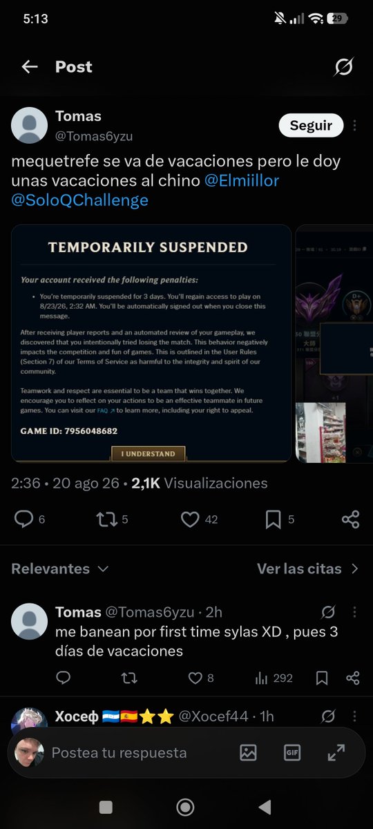 CarlosZnR's tweet photo. @DonPekuh @Irenee_sc Y razones había, como que lo dijo el propio chaval y si ves su opgg lo confirmas xd además de que en el chat de yang había 3 o 4 diciendo que estaban metiendo cola para snipear a Jess. https://t.co/D1ad3fjDyY