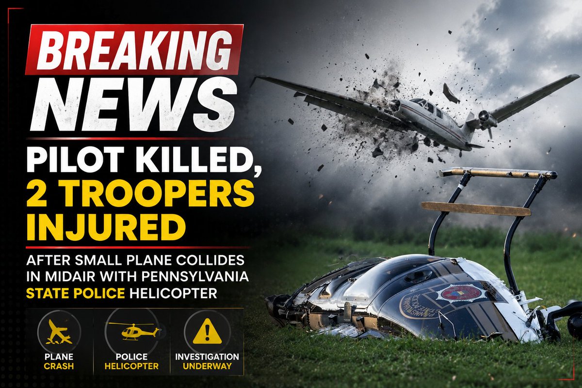 AmeliaCartdg's tweet photo. 🚨 BREAKING: A small plane collided midair with a Pennsylvania State Police helicopter. The pilot was killed, while two troopers were injured.
🔗 Read more:
 https://t.co/xN3pPohncP

#BreakingNews #Pennsylvania #USA #PlaneCrash https://t.co/kuXGDy2fne
