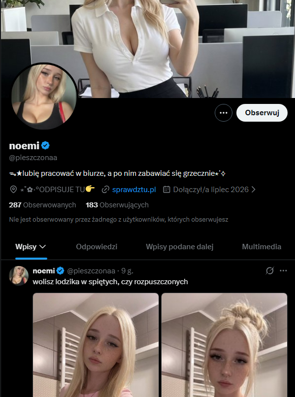 ognetherblade's tweet photo. Po twitterze hula sobie takie konto, laska wygenerowana w AI, każdy post to thirst trap. Najlepsze są jednak komentarze, istnieją ludzie którzy w to wierzą, i ochoczo spermią. Myślałem że takie rzeczy tylko z dziadkami na fb... https://t.co/f4uAQYrurb