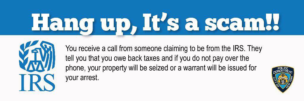 NYPD60Pct's tweet photo. CAUTION!  If you receive a call from someone claiming to be from the IRS, and they state you owe back taxes and a warrant will be issued for your arrest, HANG UP! IT IS A SCAM! NEVER use GIFT CARDS, CRYPTOCURRENCY, or CASH APPS to pay any GOVERNMENT AGENCY. https://t.co/EIPbGYIDVU