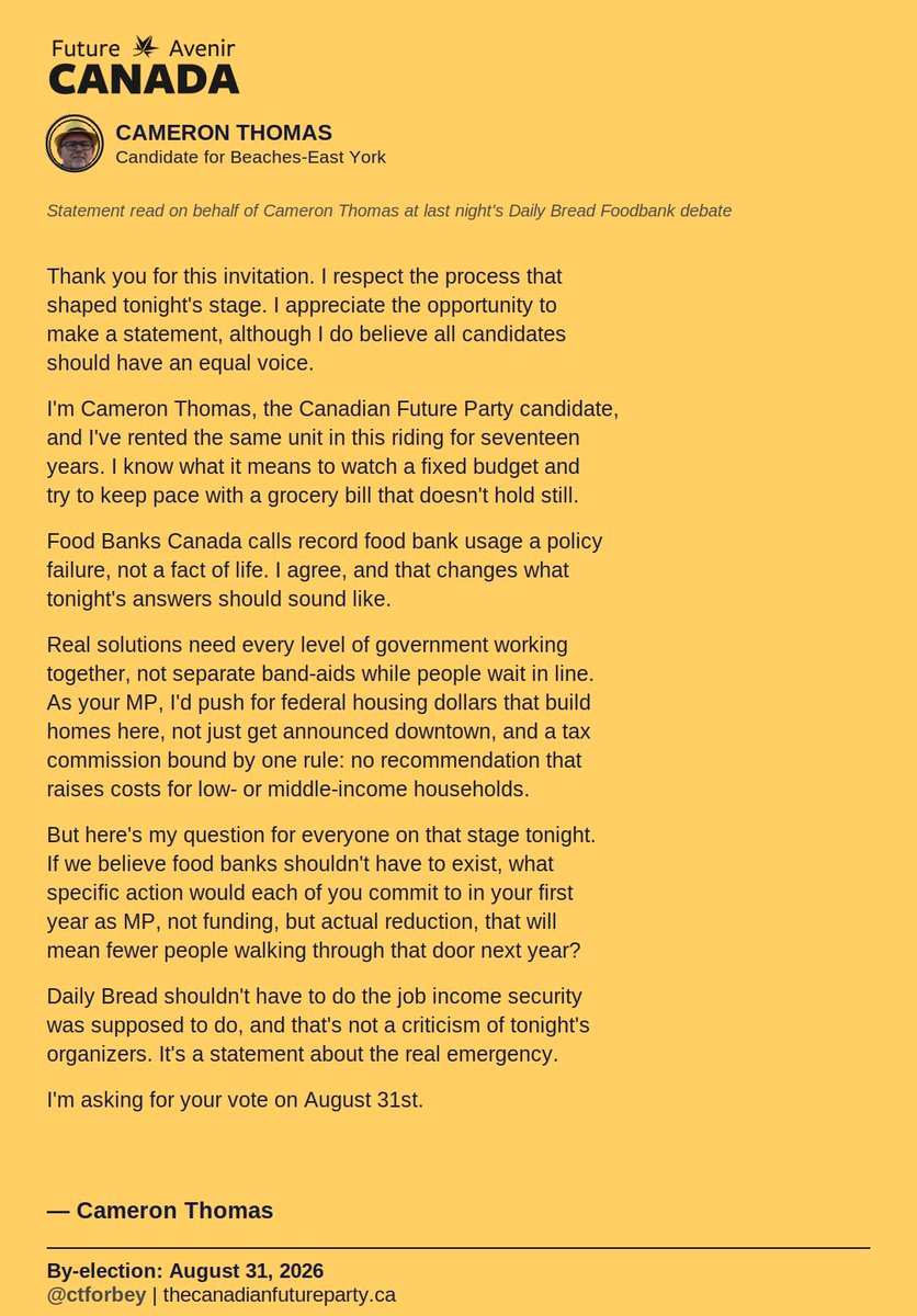 CTforBEY's tweet photo. Official statement from Cameron Thomas on last night's debate in the Beaches East-York. 

#beacheseastyork #torontopolitics #onpoli #cdnpoli #futureparty https://t.co/tkqMJTjJHy