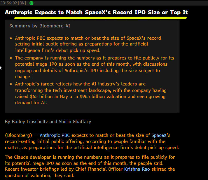 matthew_sigel's tweet photo. Anthropic expects to match $SPCX record IPO size or top it.

Implies $75B+ at $1.8T+ valuation. Anthropic already has more ARR than SPCX so seems reasonable. Should unlock a lot of investment-grade borrowing capacity to build and buy compute. https://t.co/uCnbabMKeq