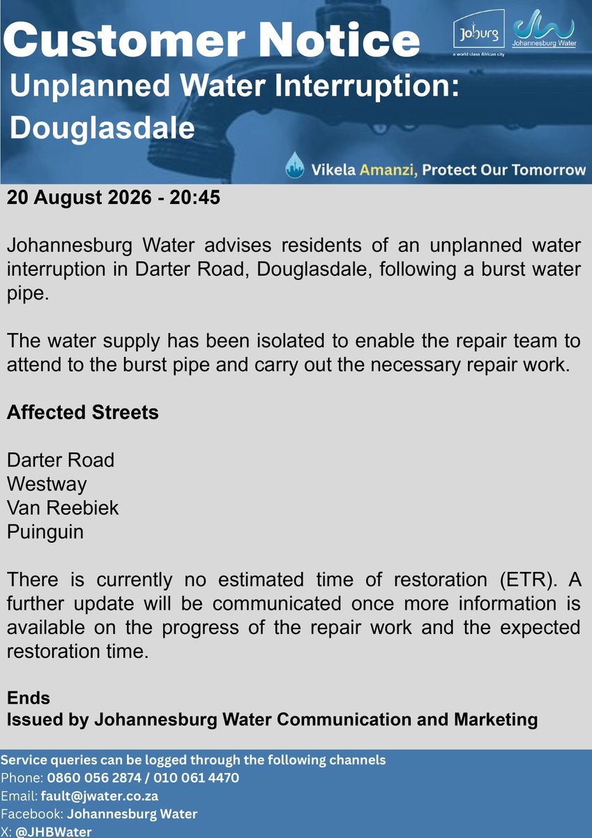 Official Johannesburg Water notice