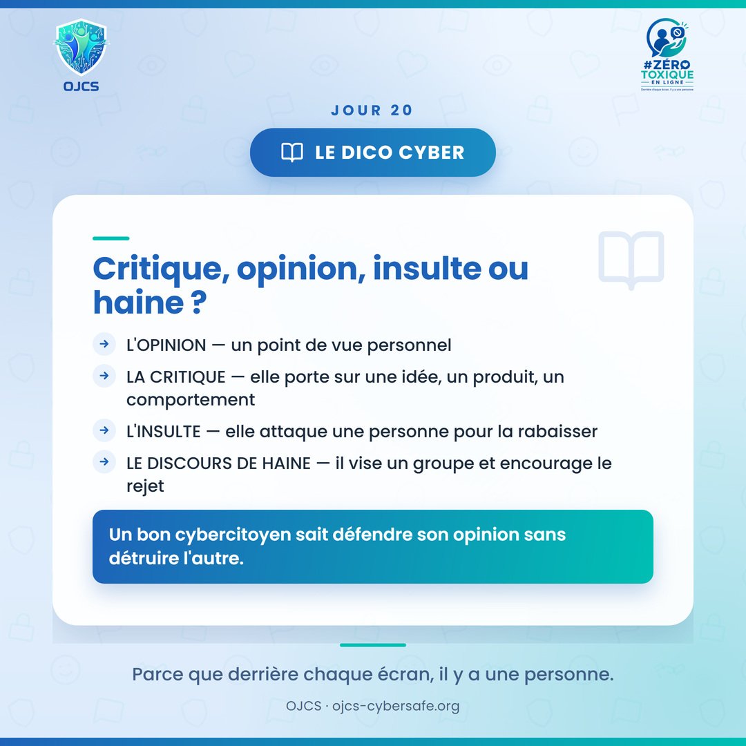 desirr_k's tweet photo. Opinion : « je n'aime pas cette musique ».
Critique : « cette application manque de fonctionnalités ».
Insulte : « tu ne comprends rien ».

Les deux premières construisent. La troisième détruit.

#ZéroToxiqueEnLigne #CyberCitoyen https://t.co/9ms3zQFBfd