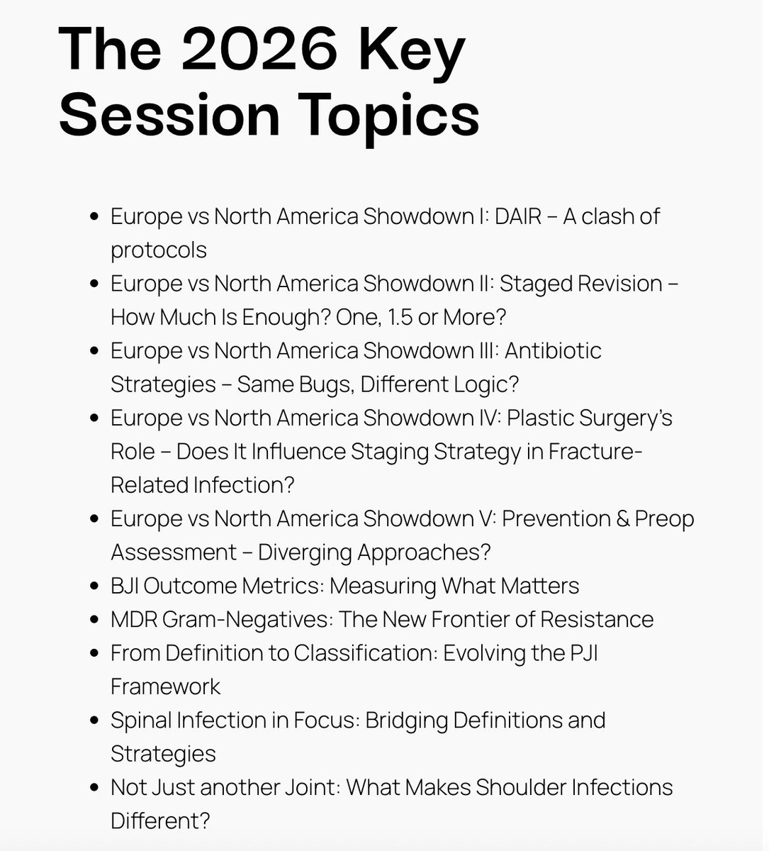 MSISorg's tweet photo. Europe vs North America, five times over. The 2026 #MSIS-#EBJIS joint meeting takes on DAIR, staged revision, antibiotic strategy, plastic surgery in FRI, and prevention, head to head.
Regular rates until Aug 30: https://t.co/XdHhd9Pzv6 https://t.co/qWhY7BGeSZ