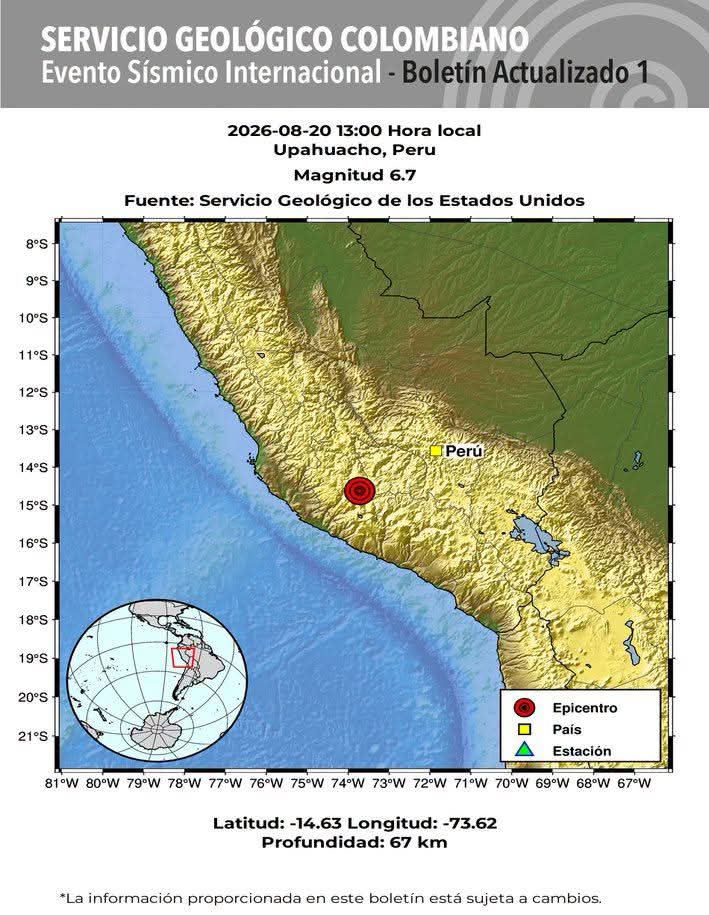 CarlosChinLopez's tweet photo. #ATENCIÓN Fuerte Sismo Internacional.
Evento Sísmico Internacional - Boletín Actualizado 1, 2026-08-20, 13:00 hora local.
Magnitud 6.7. Profundidad 67 km, #Upahuacho, Perú
#NoticiaEnDesarrollo #Temblor #Sismo #Perú https://t.co/83o0qMzjzs