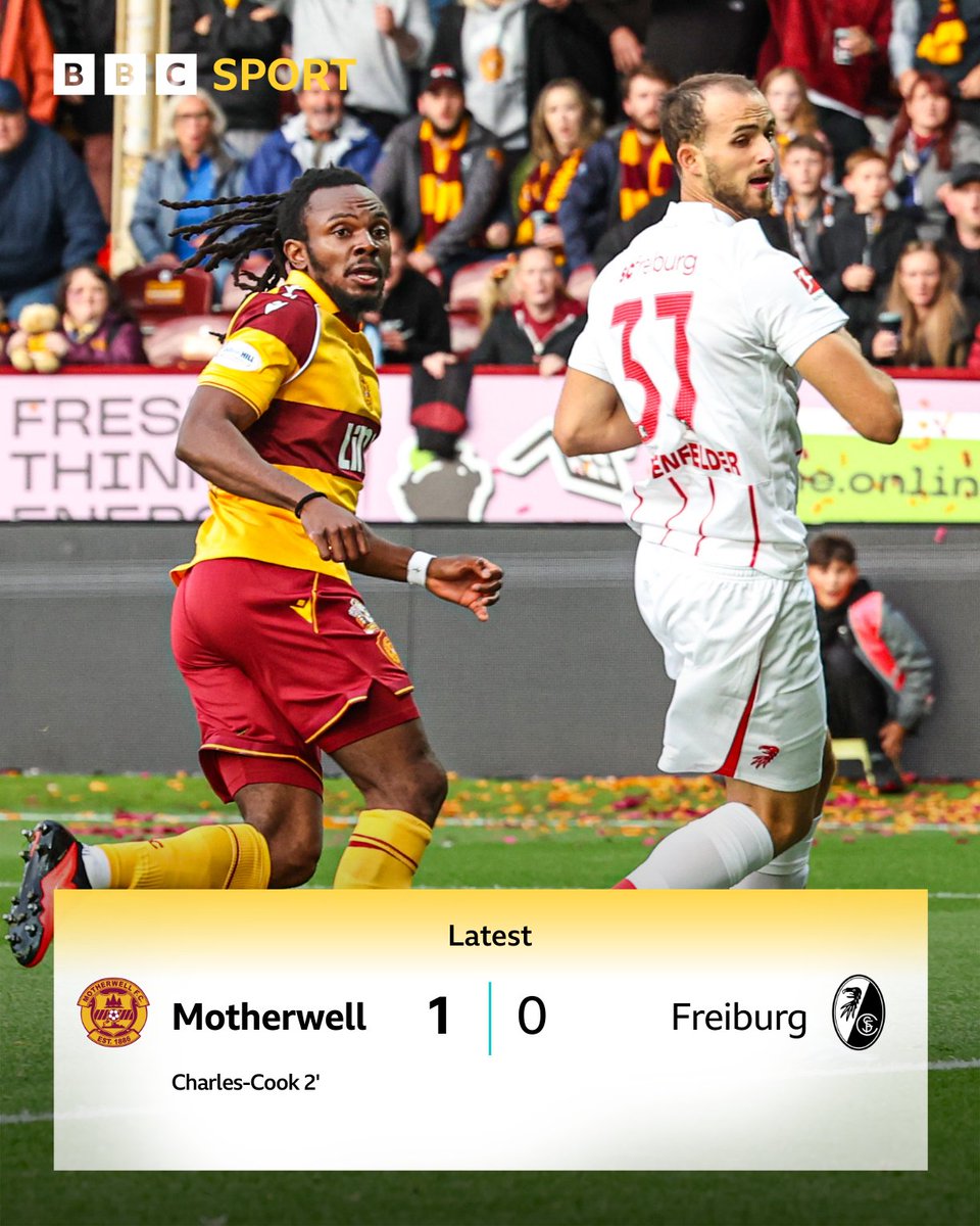 BBCSportScot's tweet photo. A dream start for Motherwell!

Regan Charles-Cook with a superb finish to give them the lead against Freiburg! ⚽️

#BBCFootball https://t.co/8pK3xGBdyv
