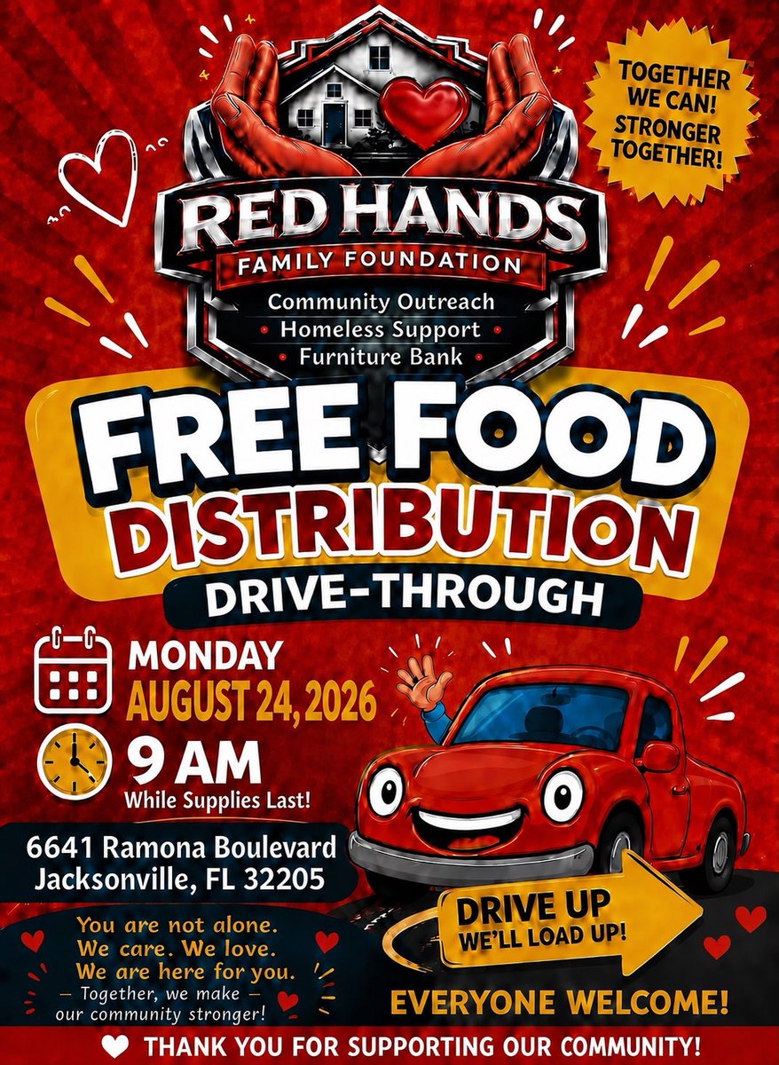IsraelVinson3's tweet photo. Food Drive 9 AM lineup!￼ Monday morning!

 Red Hands Family Foundation Thrift Store!
Food Drive Aug 24, 2026 starting at 9 AM ￼
📍 6641 Ramona Boulevard, Jacksonville, FL 32205.

We will be providing food assistance to families and individuals in need. Drive through and we’ll help load your vehicle. If supplies are available, we will fill your vehicle with food items.

🚶 Walk-ups are welcome!

Please help us spread the word and share this post with anyone who may benefit from this food drive. Together, we can make a difference in our community.

❤️ Red Hands Family Foundation
Helping Families in Need