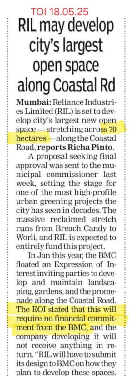 zoru75's tweet photo. Mumbai’s Coastal Road Gardens

BMC say they have no money to develop the gardens
And hand over 70 Hectares free to Reliance

But BMC has Rs 700 Crores to spend
To build a Subway for Metro3 users to reach the Reliance Gardens on the Coastal Road

My BMC
Mumbai’s biggest frauds https://t.co/qZW2iLamnl
