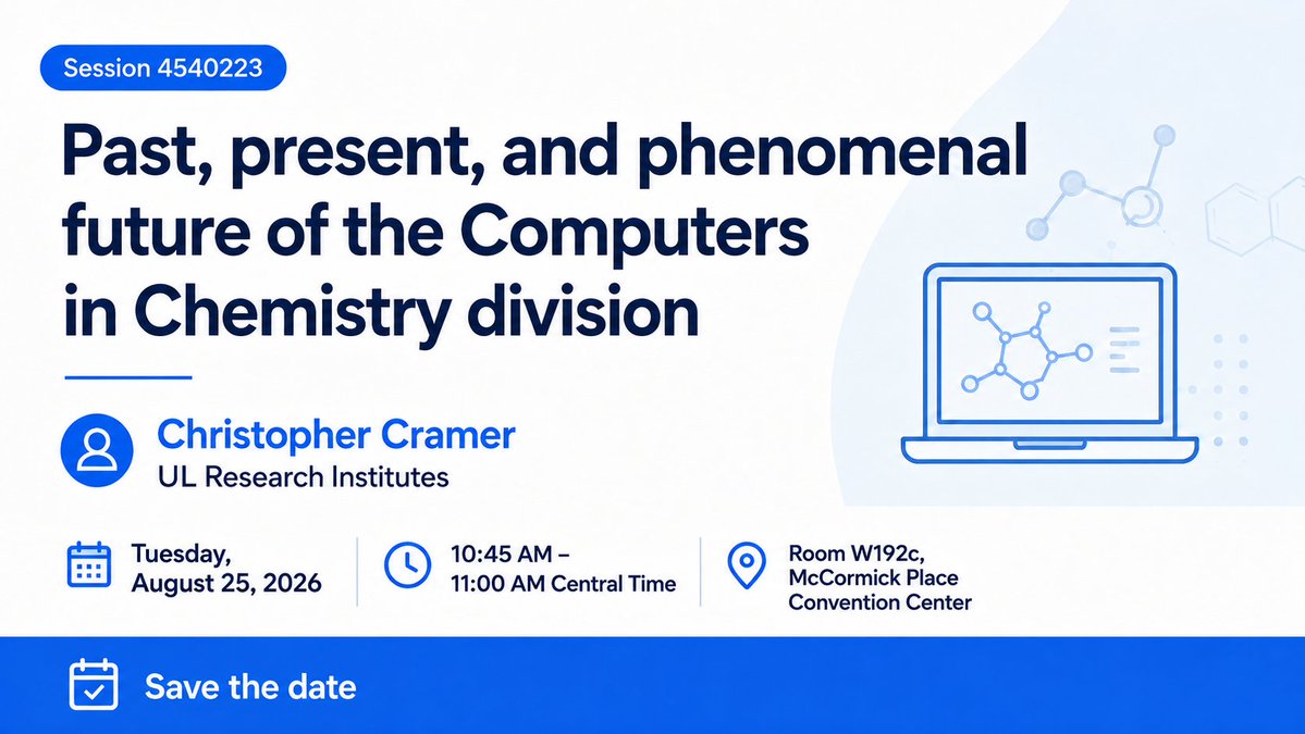 ACSCOMP's tweet photo. Join us at #ACSFall2026 for a look at the past, present, and phenomenal future of the ACS Computers in Chemistry (COMP) Division.
🗓 Tuesday, Aug. 25
🕥 10:45–11:00 AM Central
📍 W192c, McCormick Place Convention Center
#ACSCOMP #CompChem #ComputationalChemistry https://t.co/2ZcMkYiUQa