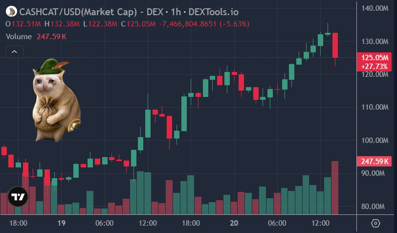 BenCryptoShow's tweet photo. $CASHCAT has been looking strong this week

Obviously it pulled back slightly post Robinhood Spot listing

But it's resurged back up to $125M - $130M mc level 

And despite some bigger Robinhood memes pulling back slightly stoday

$CASHCAT --> good long-term hold going into bull https://t.co/NASwRhCIde