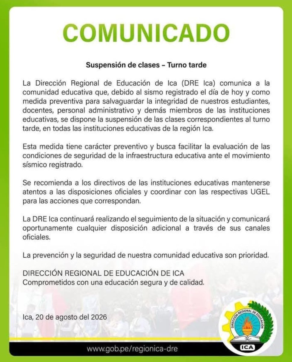 Aderly's tweet photo. 🚨 #URGENTE | Suspenden clases en Ica tras el sismo. https://t.co/eahdhO3bD4