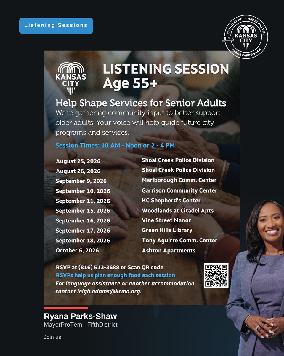 ryanapshaw's tweet photo. KC residents 55+: we want to hear from you. 

Beginning Aug. 25, we're hosting Listening Sessions across KC to hear your ideas and help shape future programs and services for older adults. 

📍Multiple Locations 
🕕 10 AM-Noon or 2-4 PM 
📲 RSVP details in the graphic https://t.co/kPUU3CTPFK