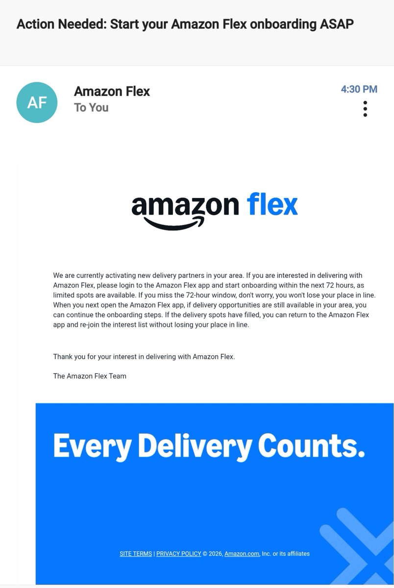 Route101Cruiser's tweet photo. 🔥 Route 101 Cruiser update 🔥

8 months.

That’s how long I’ve been sitting on the Amazon Flex waitlist.

Then this email hits tonight:

“Action Needed: Start your Amazon Flex onboarding ASAP. Limited spots. 72-hour window.”

I’ve been grinding Uber + Lyft + Shipt, stacking the morning routes, tracking every dollar after gas and wear.

Now Flex is finally opening up in the area.

Anyone else just get the green light after a long wait?

Drop a 🔥 if you’re jumping in too.
