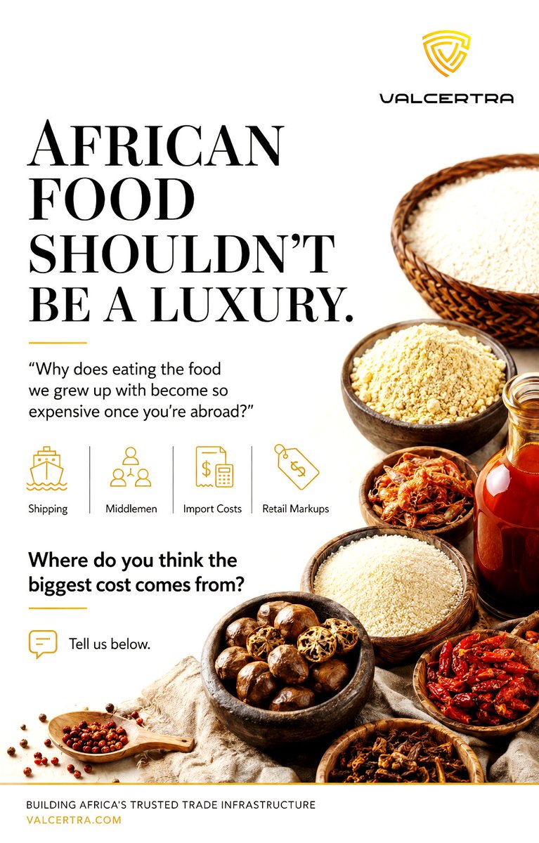 wearevalcertra's tweet photo. African food shouldn't feel like a luxury just because you're living abroad.

So what do you think is driving the price up the most?

1. Shipping
2. middlemen
3. import costs or
4. retail markups?

I would love to hear from you.

#VALCERTRA #AfricanFood #AfricanTrade https://t.co/aJdVea8YKJ