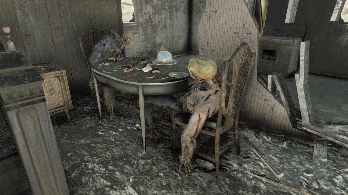 Nukapedia's tweet photo. Did you know?

In Fallout 76: Burning Springs, there is a house north of Jackson Junkyard that references the Steamed Hams scene from The Simpsons. It contains two skeletons sitting at a dining table, with brahmin burgers under a covered dish, and a burnt-out oven in the kitchen. https://t.co/NChHF55CnM