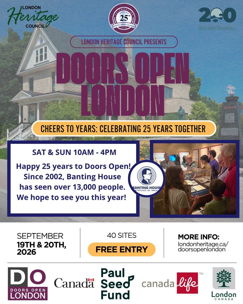 BantingHouse's tweet photo. Doors Open is TOMORROW! Take self guided tours enriched with commentary from experienced guides to learn about the life and career of a national hero whose achievements to Canada often stand in the shadow of his life-saving legacy of insulin.

https://t.co/lpWlPGlJe7 https://t.co/dakMuu3C23