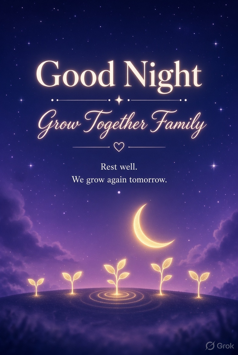 Parth894501's tweet photo. Good Night, Grow Together family!

The day is done…  
Tomorrow we’ll meet again with new dreams, new goals, and new growth.

Give yourself some rest, give your mind some peace.  
We’ll grow together again tomorrow!

Sweet dreams  
#GrowTogether #GoodNight https://t.co/iL7OURCKtR