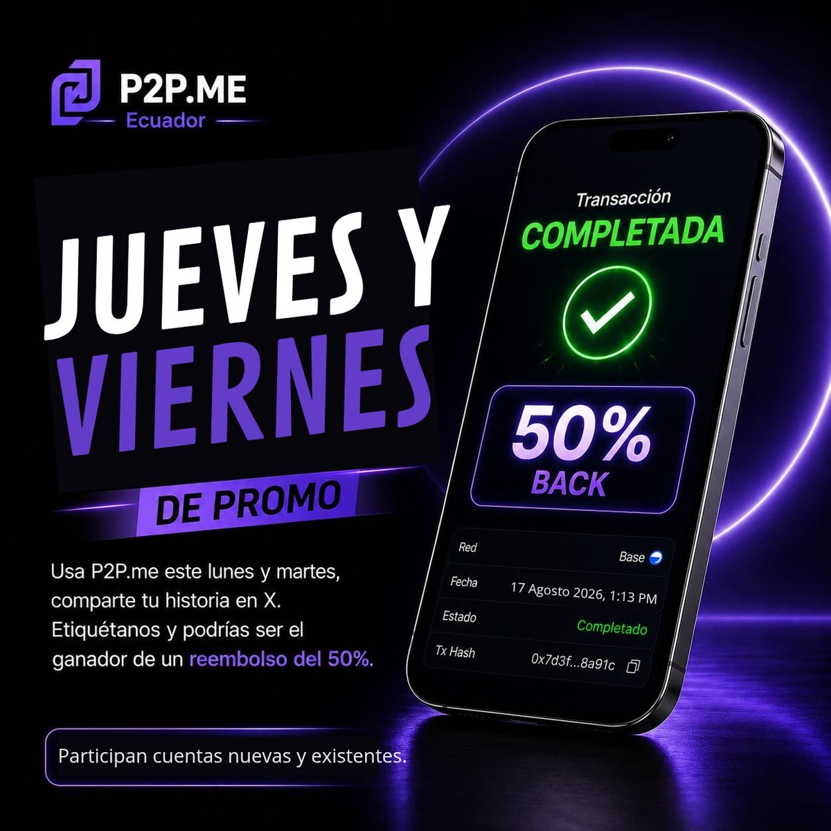 P2Pdotme_Ecu's tweet photo. ¡Vuelve la Promo!

Jueves y Viernes 😱

¿Cómo participar? 👀

🔹Haz una transacción usando Scan & Pay (pago con QR).
🔹Realiza un post en X, mostrando el capture de la transacción, donde se vea el ID del Pedido.
🔹Cuentanos tu experiencia y la historia detrás de ese pago en ese post.
🔹Etiqueta a 
@P2Pdotme_Ecu
  
Un ganador al azar, se lleva el 50% de su transacción de vuelta. El premio llegará directamente a su wallet el día sábado.

😏 Recuerda que la historia cuenta.

* Pueden participar cuentas nuevas y cuentas existentes.
** Esta promoción es valida hasta el sábado 22 de Agosto 11:59pm (Hora Ecuador).

Cuéntanos que tal tu inicio de semana.