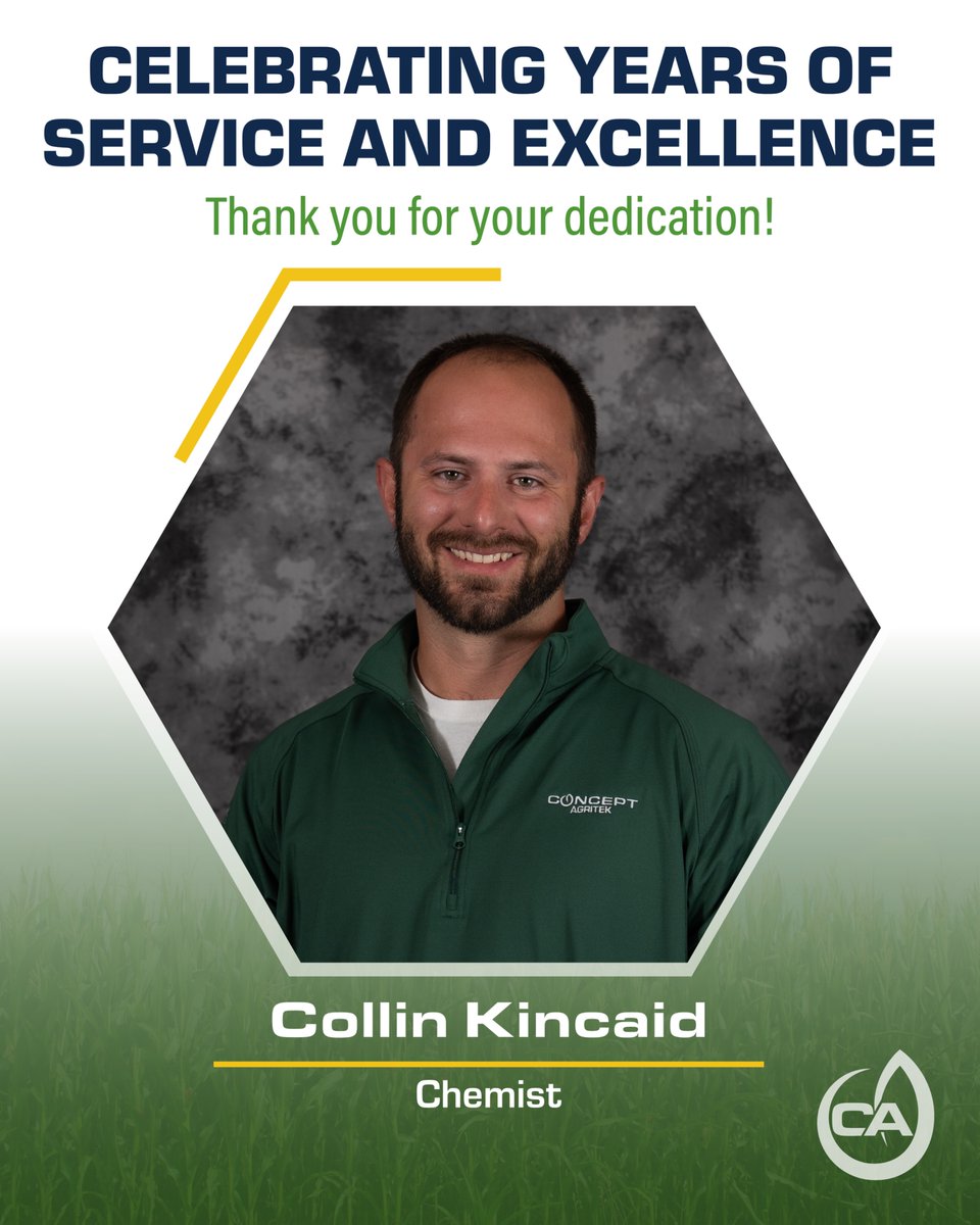 ConceptAgriTek's tweet photo. Ten years of formulations, problem-solving, and precision chemistry. Collin Kincaid has been the backbone of our product development since day one. From the lab to the field, his work shows up in every bottle. Thank you, Collin, for a decade of excellence. #SeetheCADifference https://t.co/o9qHAlwidW