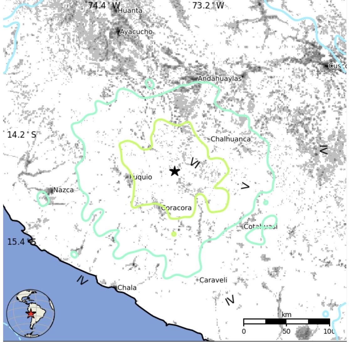 SeismoTracker's tweet photo. #Earthquake Breaking News: 

A magnitude 6.7 earthquake has struck 38 Km / 23.6 Mi  NW of Upahuacho, #Peru 

Magnitude: 6.7 
Epicenter Location: 14.626°S 73.616°W
Depth: 66.7 Km ( 41.4 Mi) 
Intensity: VII 
Estimated Fatalities: Green 94%
Estimated Economic Losses: Green 90% https://t.co/v4nzqCZQbG