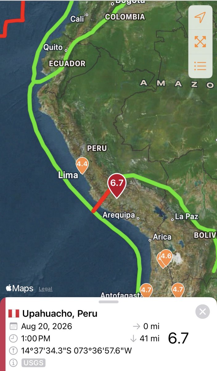SeismoTracker's tweet photo. #Earthquake Breaking News: 

A magnitude 6.7 earthquake has struck 38 Km / 23.6 Mi  NW of Upahuacho, #Peru 

Magnitude: 6.7 
Epicenter Location: 14.626°S 73.616°W
Depth: 66.7 Km ( 41.4 Mi) 
Intensity: VII 
Estimated Fatalities: Green 94%
Estimated Economic Losses: Green 90% https://t.co/v4nzqCZQbG