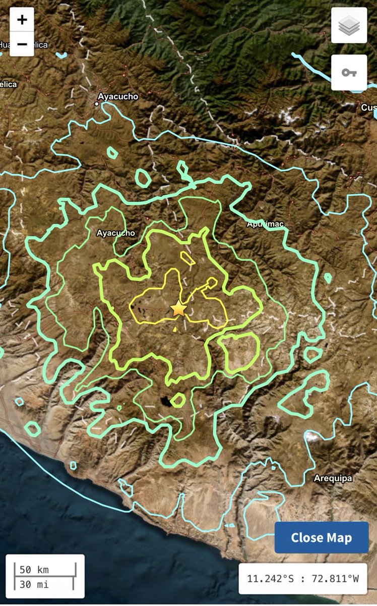 SeismoTracker's tweet photo. #Earthquake Breaking News: 

A magnitude 6.7 earthquake has struck 38 Km / 23.6 Mi  NW of Upahuacho, #Peru 

Magnitude: 6.7 
Epicenter Location: 14.626°S 73.616°W
Depth: 66.7 Km ( 41.4 Mi) 
Intensity: VII 
Estimated Fatalities: Green 94%
Estimated Economic Losses: Green 90% https://t.co/v4nzqCZQbG