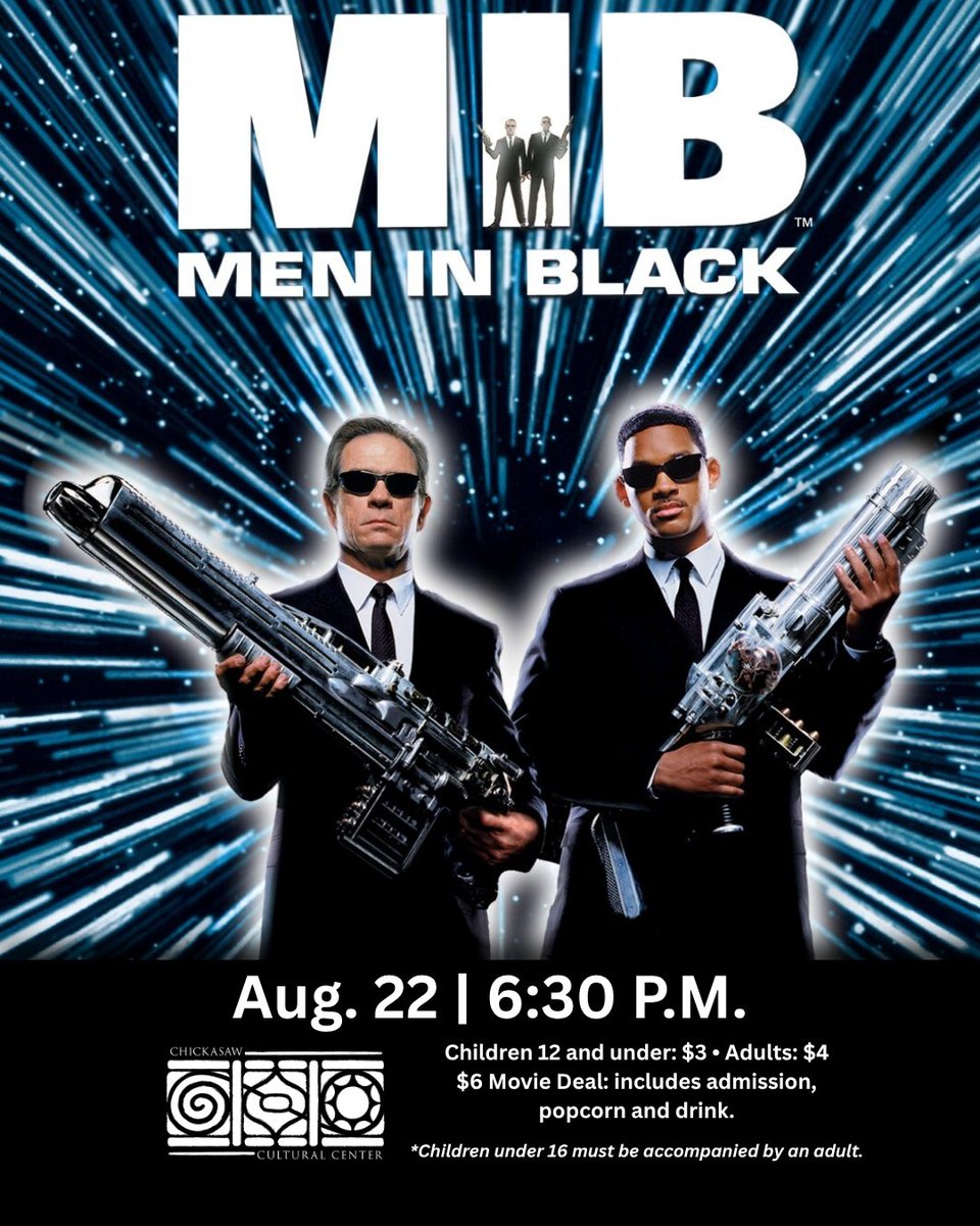 ChickasawCCC's tweet photo. Here come the “Men in Black” to the Anoli' Theater! Join us for this action-packed favorite. https://t.co/2EcrFU59bl