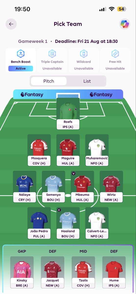 FPL_ST_'s tweet photo. Well the final team for gw1 was pretty set on every player only one I’ve been dwelling on was wirtz, but with the good fixtures to start I’m going to take a risk. If it doesn’t pay off it’s an easy transfer. Bench boost active as I think it’s so hard to plan during season!!! https://t.co/RMQkqFSEke