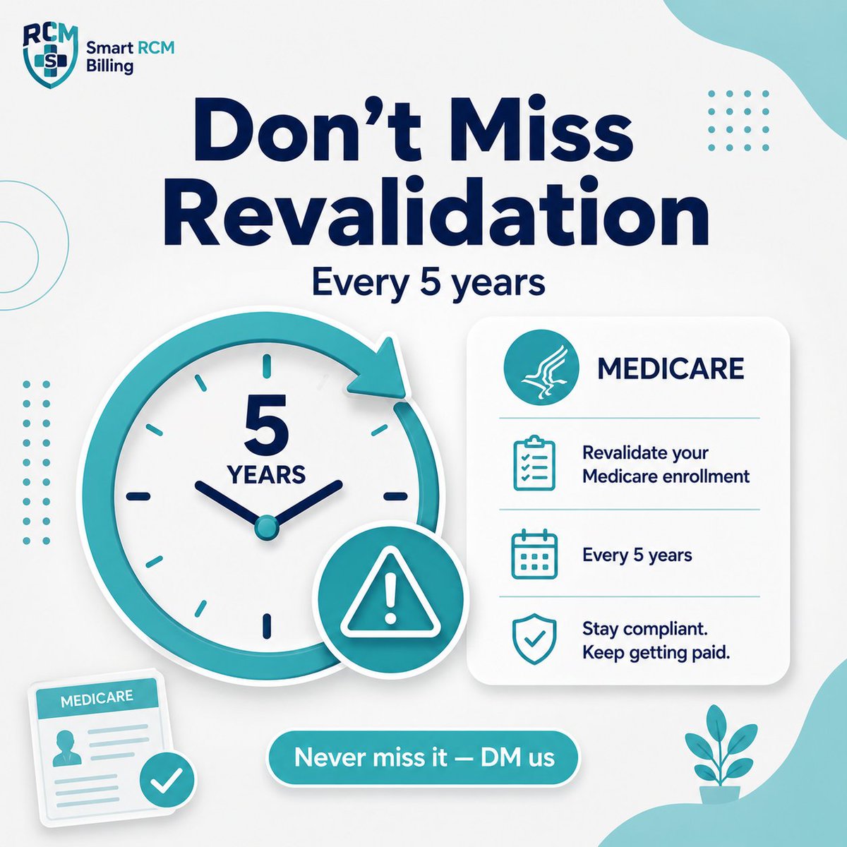 Smartrcmbilling's tweet photo. Don't Miss Revalidation

Medicare requires revalidation every 5 years. Miss the deadline and your billing privileges can be deactivated. Track it! 🔁

Website : https://t.co/VjJNSbeLC0

#Credentialing #Revalidation #Medicare #Compliance #SmartRCMBilling #Healthcare #Compliance https://t.co/VtpcKH3Q32