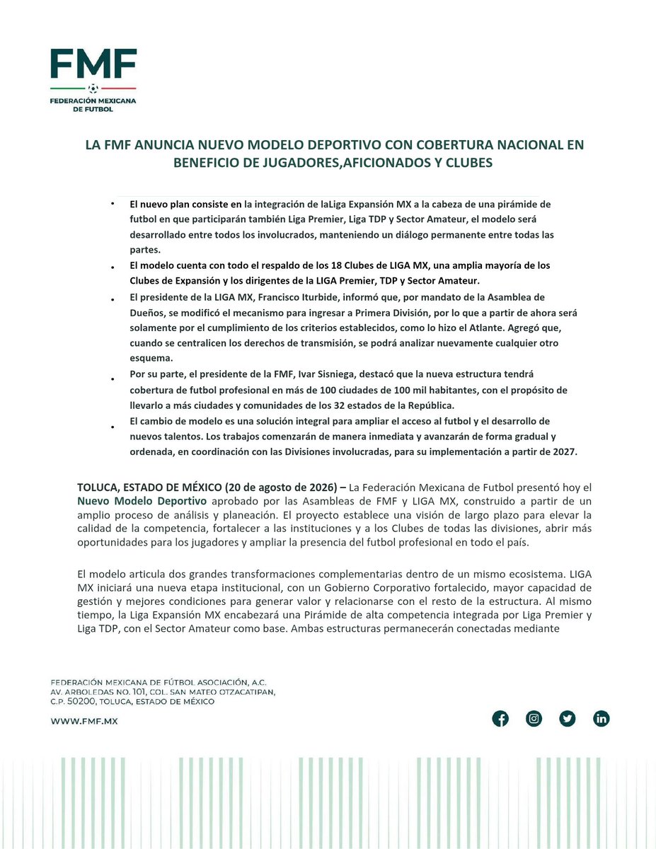 FMF's tweet photo. La Federación Mexicana de Futbol presenta su Nuevo Modelo Deportivo. ⚽ https://t.co/nEulKhkr9d