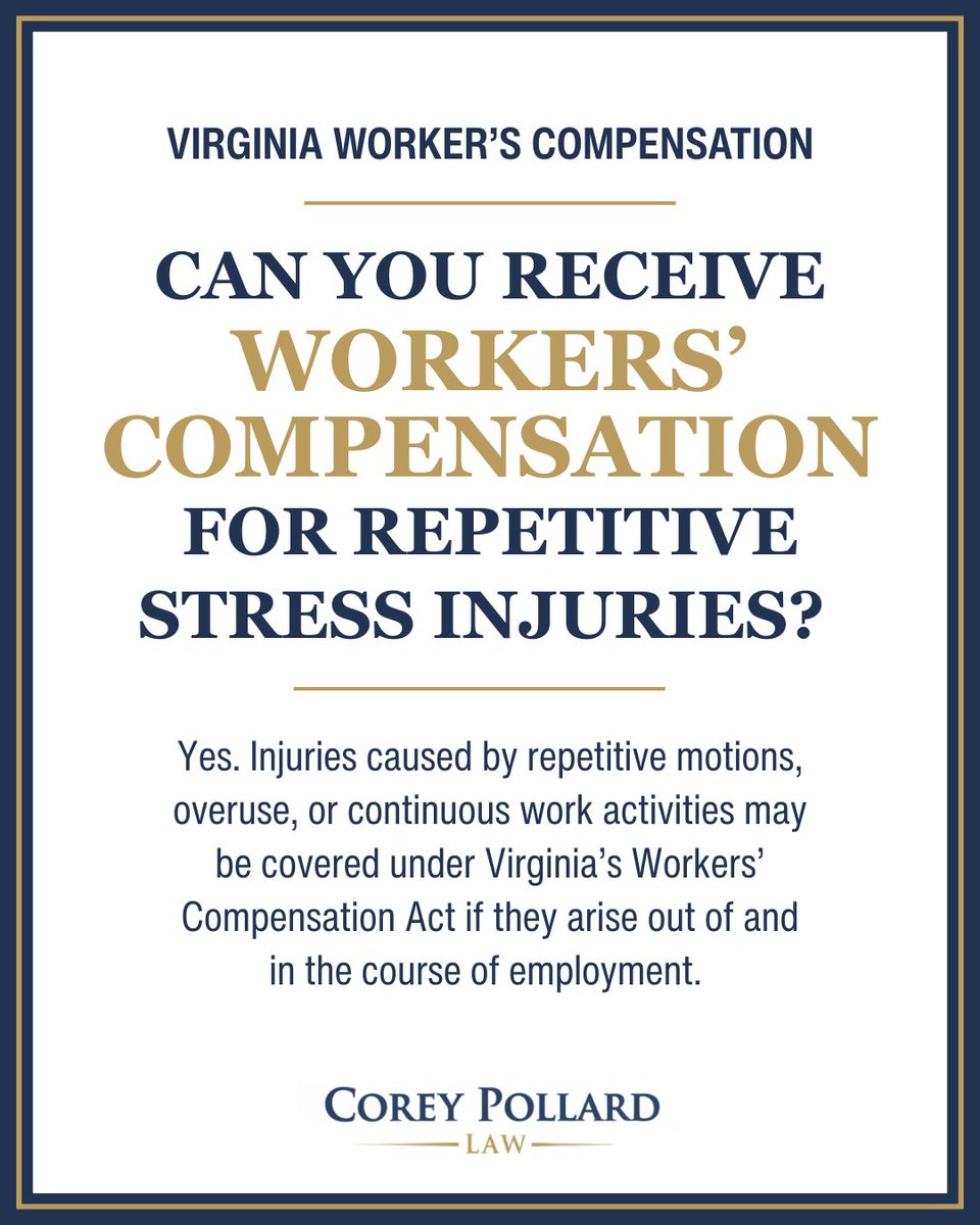 corey_poll65348's tweet photo. Repetitive stress conditions can be difficult to evaluate under Virginia workers’ compensation law because gradual injuries are treated differently from a single workplace accident. Some conditions may qualify as occupational diseases, depending on the medical evidence and connection to the job.

#WorkersComp #WorkersCompensation #VirginiaLawyer #WorkInjury