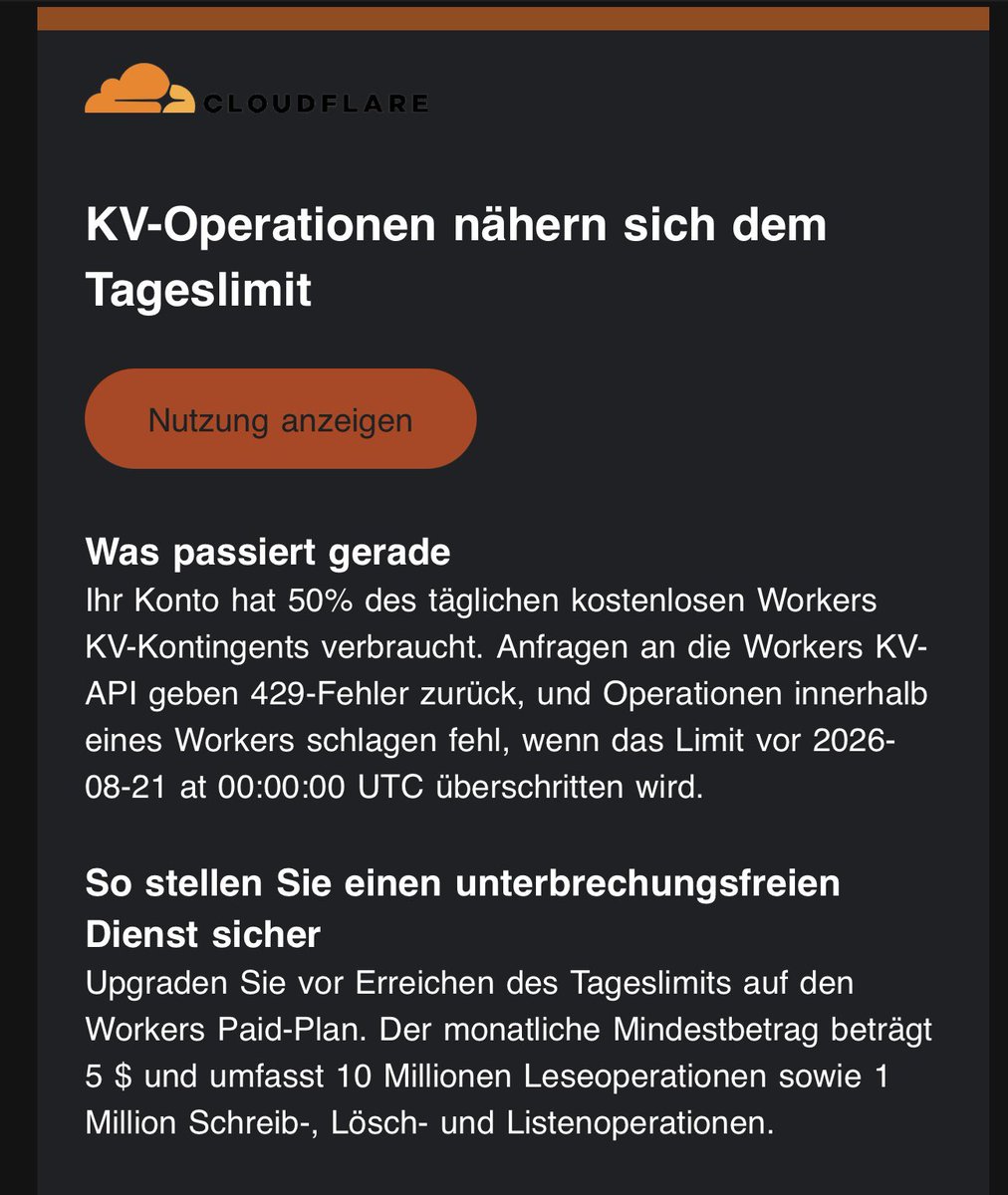cryptgramx's tweet photo. Die Website ist noch nicht mal live.

Ich habe praktisch keine Besucher.

Cloudflare nach ein paar Stunden:

„Du hast bereits 50 % deines täglichen kostenlosen KV-Kontingents verbraucht.“

😂🙈

Ich wollte eine kleine Bitcoin-Mining-Website bauen.

Inzwischen muss ich offenbar meine Infrastruktur optimieren, bevor überhaupt jemand die Seite benutzt.

Das eskaliert hervorragend.