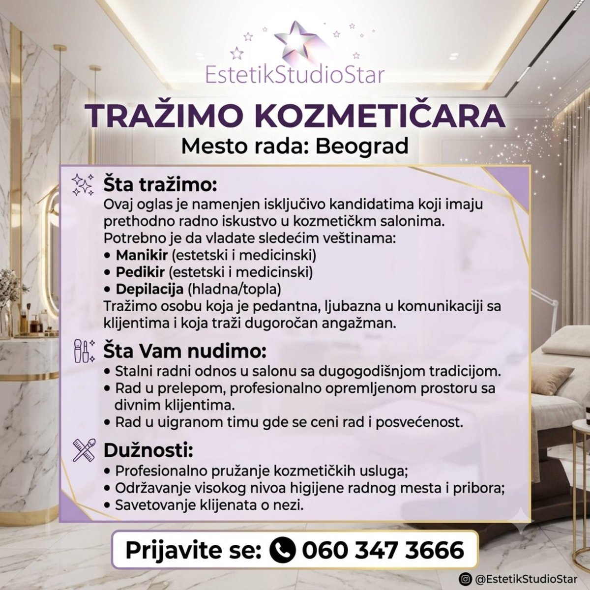 PosloviR's tweet photo. Estetik studio Star 📌

Kozmetičar (m/ž) ✅
Beograd 📍

Više informacija o poziciji: https://t.co/HC3lM8kQuM

#posao #kozmeticar #beograd #estetikstudiostar #poslovi #zapošljavanje #manikiripedikir #srbija #poslovirs https://t.co/IqccBSvFBY