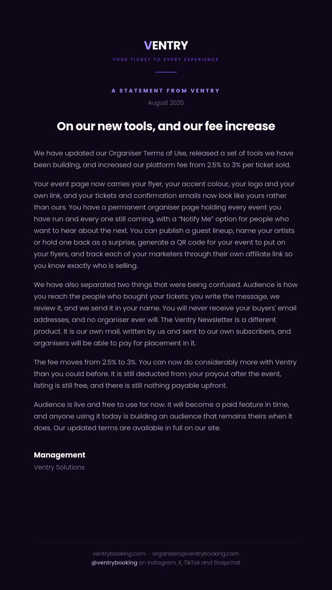 ventrybooking's tweet photo. A statement from Ventry on our updated Terms of Use, our Refund Policy, and what our fees pay for.
Full documents: https://t.co/f9Mrpxyu83 https://t.co/Qeb93pLetq
