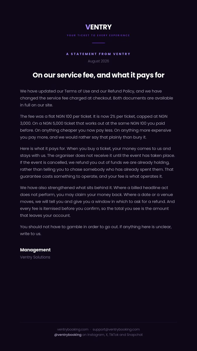 ventrybooking's tweet photo. A statement from Ventry on our updated Terms of Use, our Refund Policy, and what our fees pay for.
Full documents: https://t.co/f9Mrpxyu83 https://t.co/Qeb93pLetq
