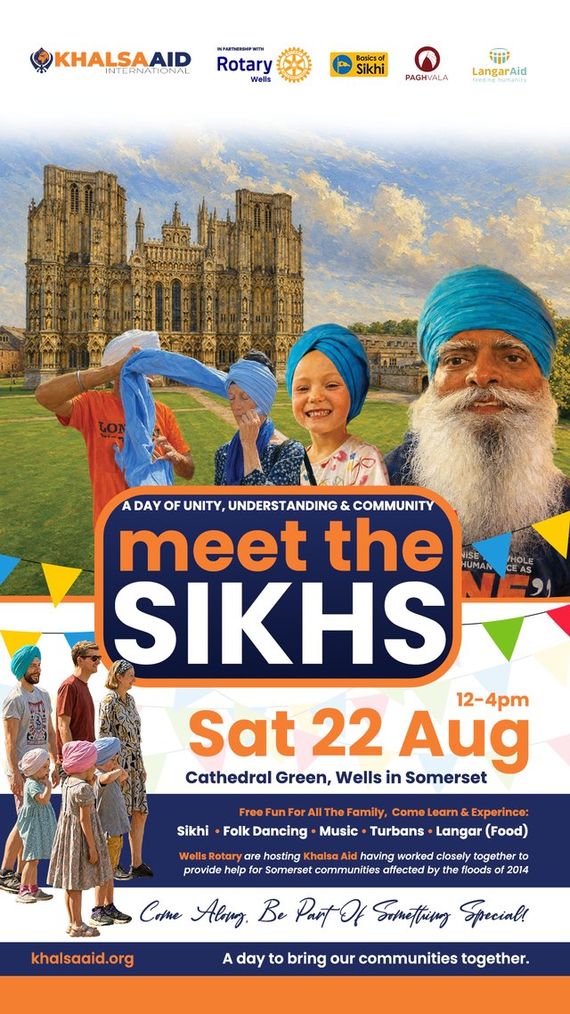 Khalsa_Aid's tweet photo. From helping hands to lasting friendship.
Following aid efforts during the 2014 Somerset floods, Khalsa Aid and Wells Rotary invite you to celebrate our ongoing community bond on Cathedral Green.
Join us to meet the team, learn about Sikh values like selfless service (seva) and equality, enjoy music, try a turban, and share langar with us.
Date: Saturday, 22 August 2026
Location: Cathedral Green, Wells, UK
Time: 12:00 PM – 4:00 PM

Free entry for all the family. Everyone is welcome!

#MeetTheSikhs #KhalsaAid #Wells #Somerset #WellsRotary #Sikhi #LangarAid #Seva #SomersetCommunity