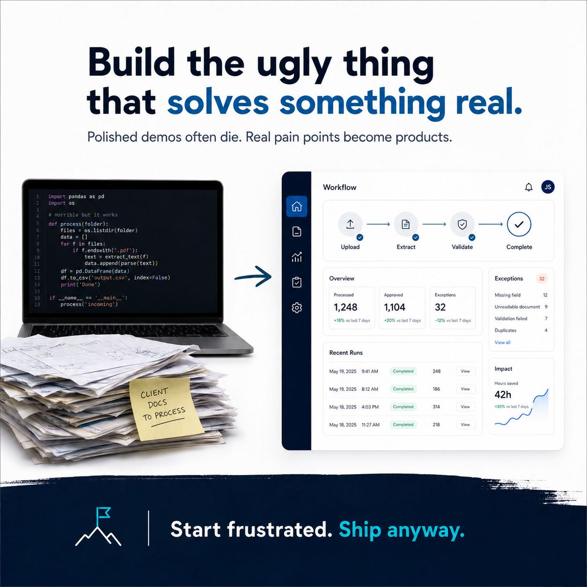 madugood's tweet photo. The side project worth building is the one you're embarrassed to show people. Polished demos die quietly. Ugly scripts that solve real problems don't. You're not waiting to feel ready — you're waiting for permission nobody is going to give you. https://t.co/64UPfOCfik