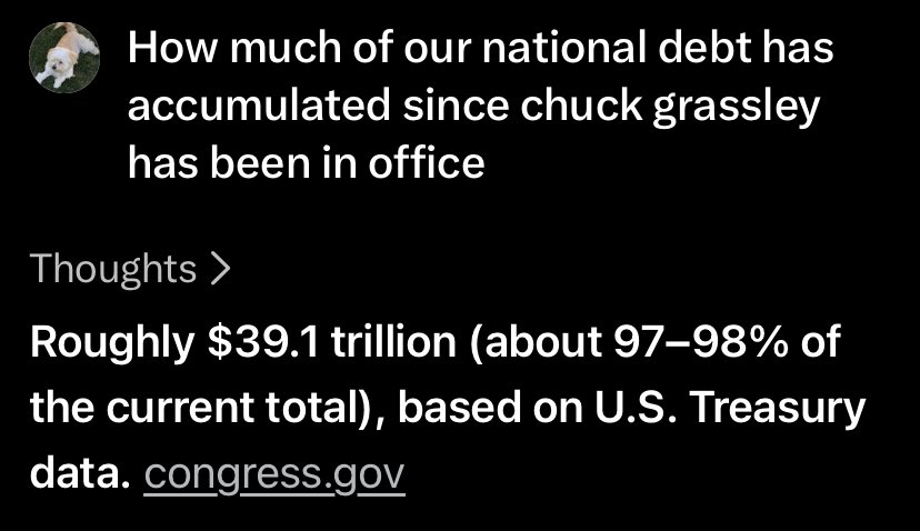 bytemeharder's tweet photo. @ChuckGrassley $39.1 trillion of our debt has accumulated while Chuck’s been in office. https://t.co/cNdObKwEma