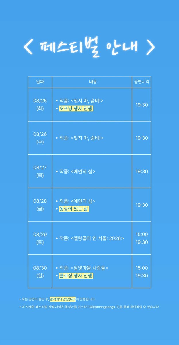 namuneulbo5_0_0's tweet photo. 대학생 연합 연극 프로젝트 몽상가들 7기 연극 페스티벌 <순환>

📅 08.25 ~ 08.30

📍 소극장 혜화당

날짜별로 서로 다른 공연이 올라온다고 함!! 
대학생들이 만들어가는 연극 페스티벌이라고 하니
관심 있으신 분들은 구경하고 가보시길~~

#몽상가들 #연극페스티벌 #순환 #소극장혜화당 https://t.co/Ej9tCYxYT1