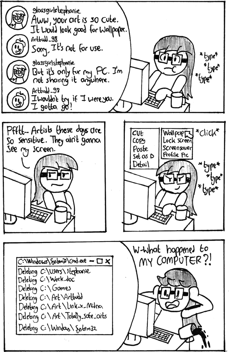 raileycreatey's tweet photo. I previously didn't get why some artists don't want their art to be used as a wallpaper for my PC. Then I learned my lesson the hard way.

#MISComic #webcomic #artist https://t.co/XqF3uYZnN9