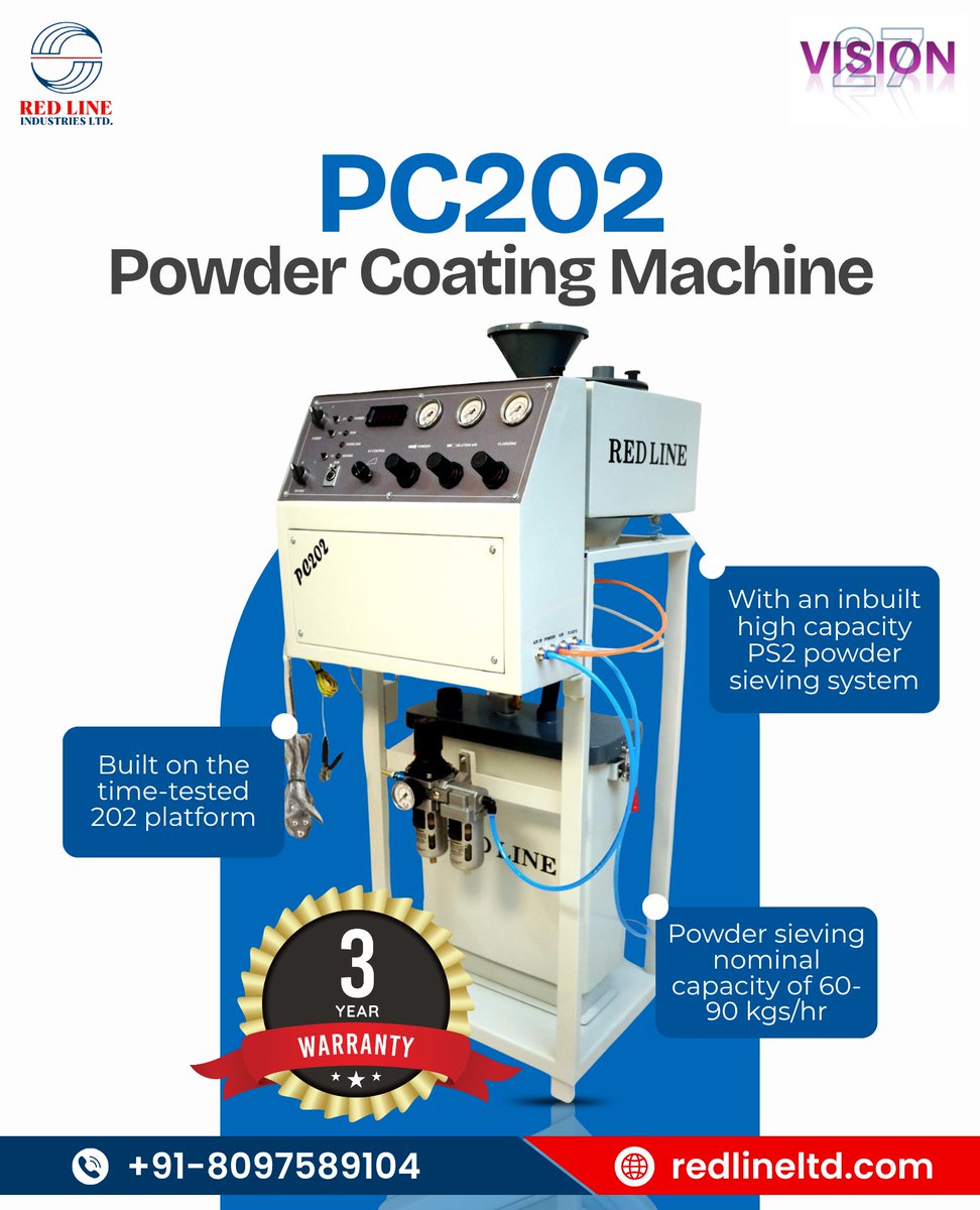PowderCoatingRL's tweet photo. Power your operations with the PC202 Powder Coating Machine.

✓ Inbuilt high-capacity PS2 powder sieving system
✓ Sieving capacity: 60–90 kgs/hr
✓ Time-tested 202 platform
✓ 3-Year Warranty
📞 +91-8097589104
🌐 https://t.co/zYX2wYoC6U
#RedLineIndustries #PC202 #PowderCoating https://t.co/pI8UwezapY