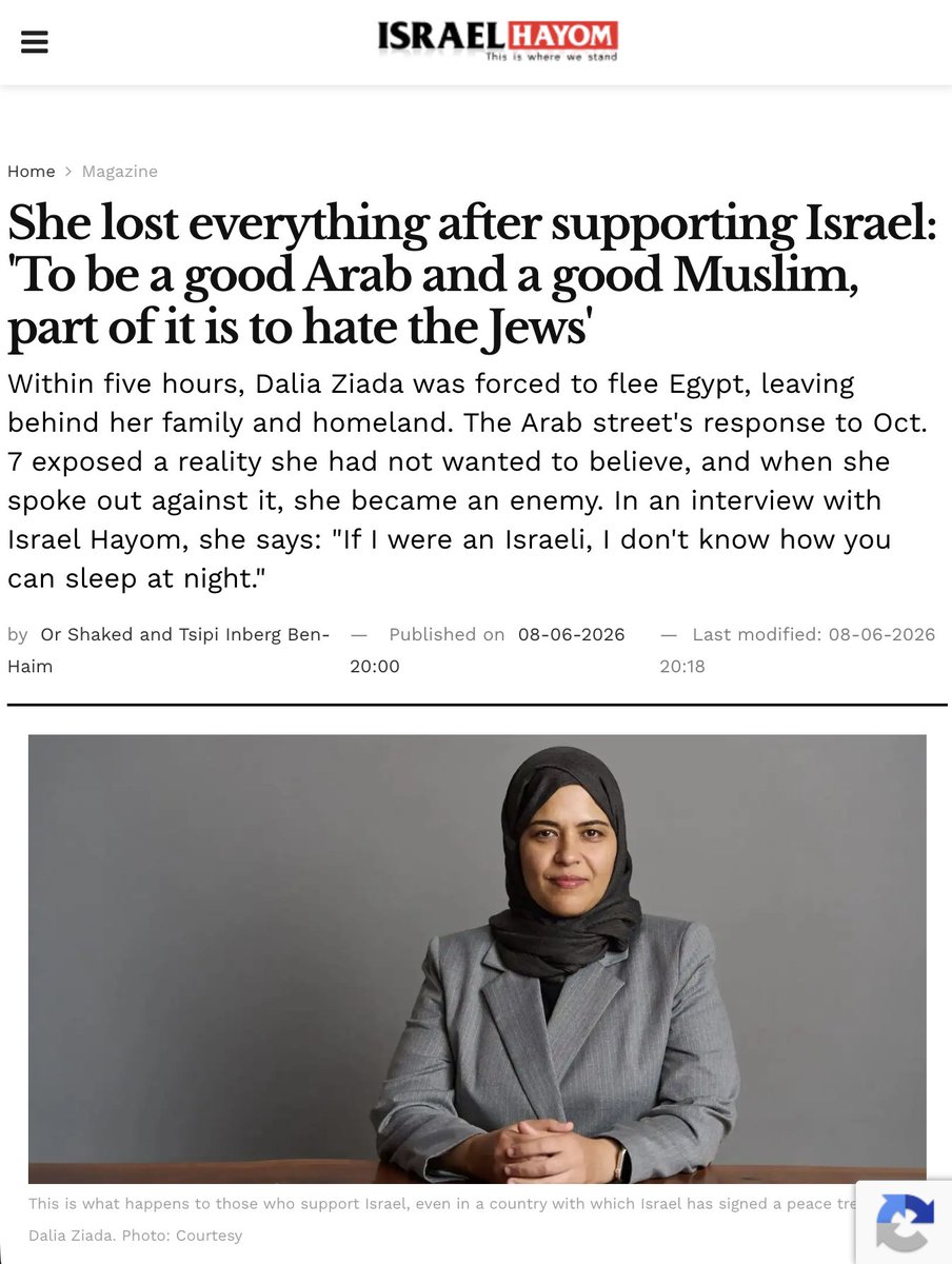 daliaziada's tweet photo. My entire world collapsed when I publicly spoke against Hamas' terrorism on October 7. My Egyptian, Arab, and Muslim people, who are so blinded by Jew-hatred and so proud of supporting Hamas terrorism, tried to kill or imprison me for doing so. But my Jewish friends miraculously saved me.

Every single day since then, God shows me that I made the right decision.

Many thanks to @TsipiBen and @Or_Shaked for this great profile in the @IsraelHayomEng newspaper. 

(See the next post in the thread for the link)