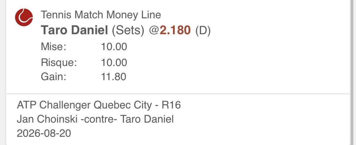 PariTennis's tweet photo. 🎾 Québec R16 — Choinski vs Taro Daniel

Je prends Daniel à 2.18 sur PS3838

Même été sur terre pour les deux, mais 1er test sur dur : Daniel 3/3 cette semaine, Choinski 0/5 en 2026.

L’outsider a mon vote 🇯🇵 https://t.co/cdpd9BgfSC