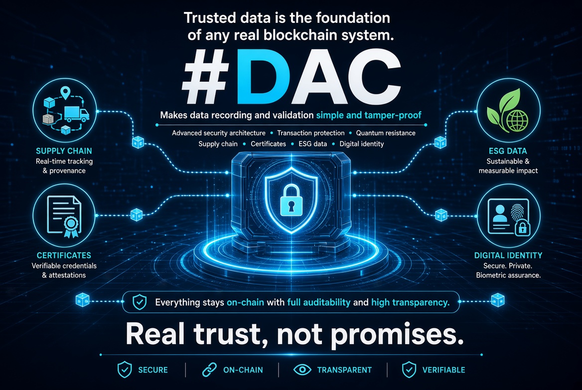 Hoseinlabafi's tweet photo. Trusted data is the foundation of any real blockchain system. 
#DAC makes data recording and validation simple and tamper-proof with advanced security architecture (including transaction protection and quantum resistance). From supply chain traceability..@dac_chain https://t.co/gaIMh7vkh6