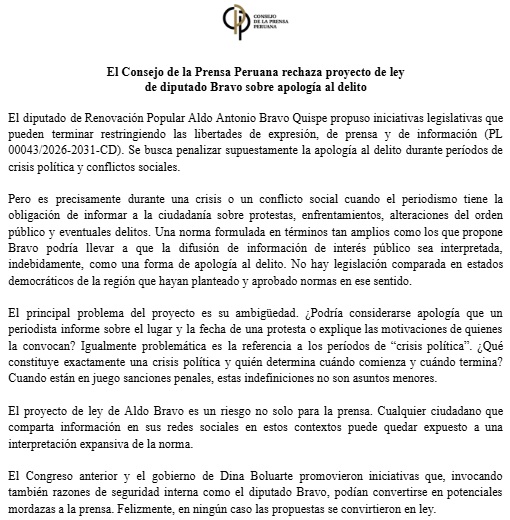 ConsejodePrensa's tweet photo. El Consejo de la Prensa Peruana rechaza el proyecto de ley del diputado Aldo Bravo (@abravoq) sobre apología al delito.

La difusión de información de interés público podría ser interpretada, indebidamente, como una forma de apología al delito.

https://t.co/Pkh0QTOqz1 https://t.co/nJ36FVroPA
