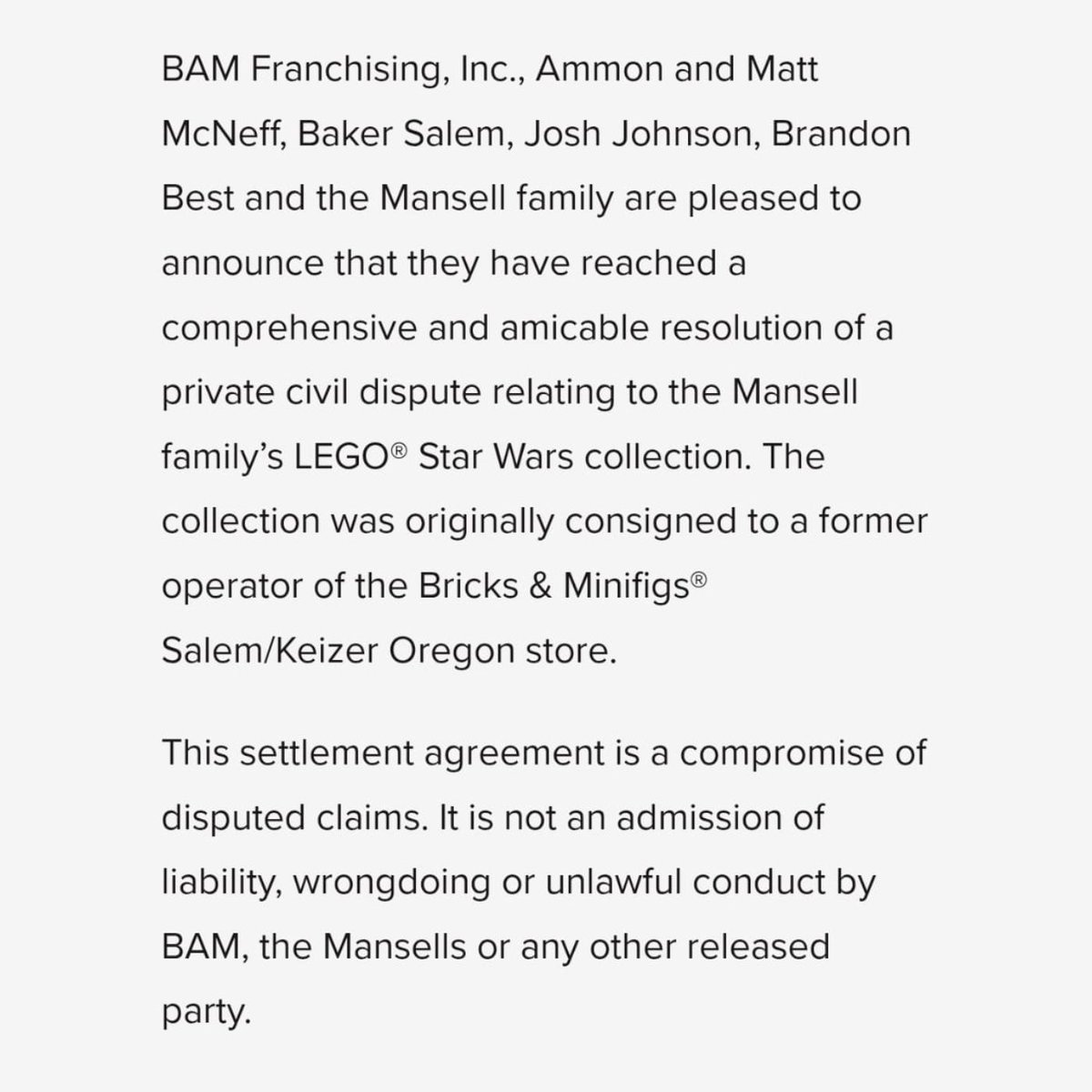 Dexerto's tweet photo. Bricks &amp; Minifigs has reached a settlement with the Mansell family over their $200,000 LEGO collection

The company has compensated the family for their losses and issued an apology https://t.co/k6Ou3LAGIA