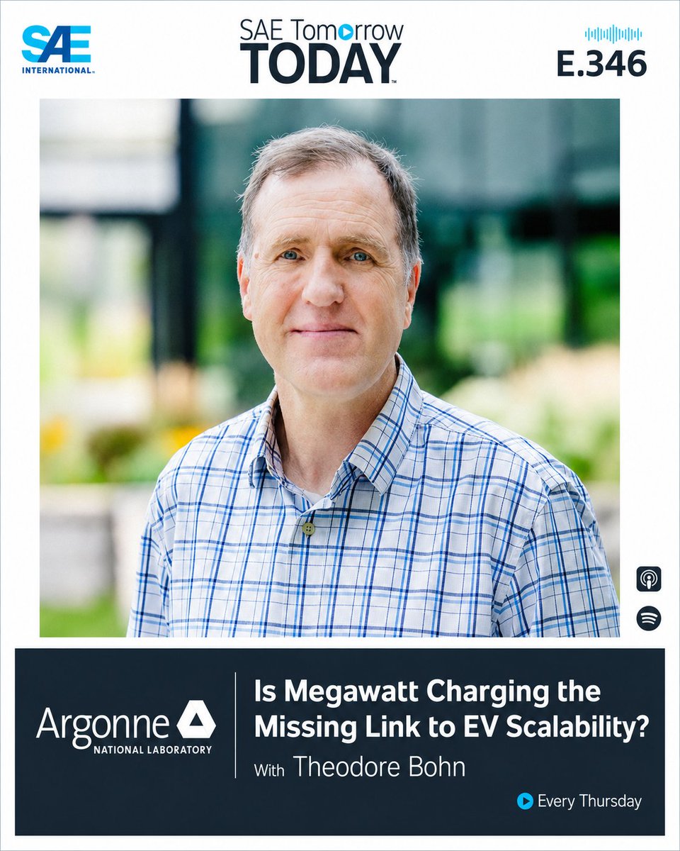 SAEIntl's tweet photo. Is megawatt charging the missing link to EV scalability? Hear from @argonne's Ted Bohn on the Megawatt Charging Standard (MCS), interoperability, robotic charging &amp; the future of heavy-duty electrification. https://t.co/23QJxMrQW1 #SAETomorrowToday https://t.co/CNtykwmk54